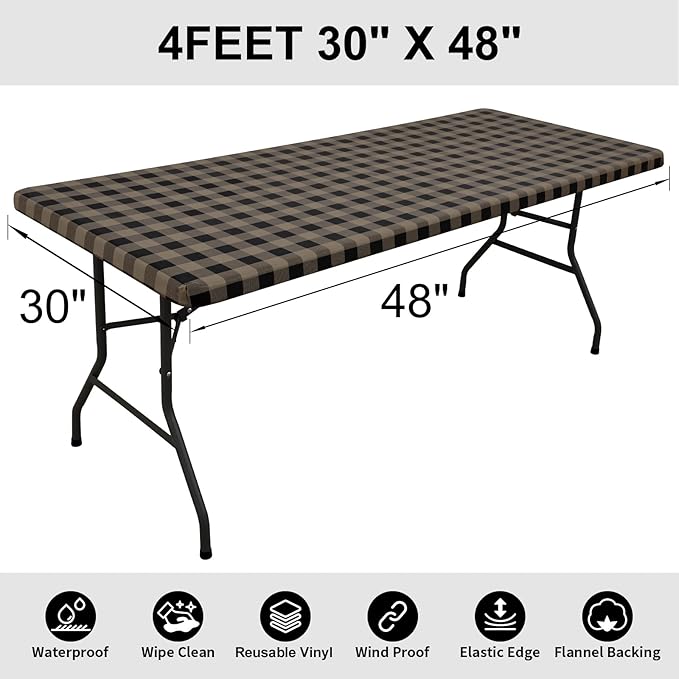 Smiry Rectangle Picnic Table Cloth, Elastic Waterproof Fitted Vinyl Tablecloths, Flannel Backed Buffalo Plaid Table Covers for Dining, Camping, Outdoor (Black and Khaki, 30" x 48")