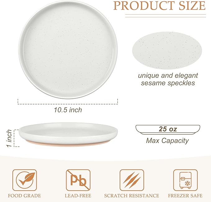 LIANYU Stoneware Dinner Plates Set of 6, 10.5 Inch Porcelain Dinner Plates for Kitchen, Large and Round Ceramic Salad Dishes Set, Oven, Microwave & Dishwasher Safe, Scratch Resistant, Three-color