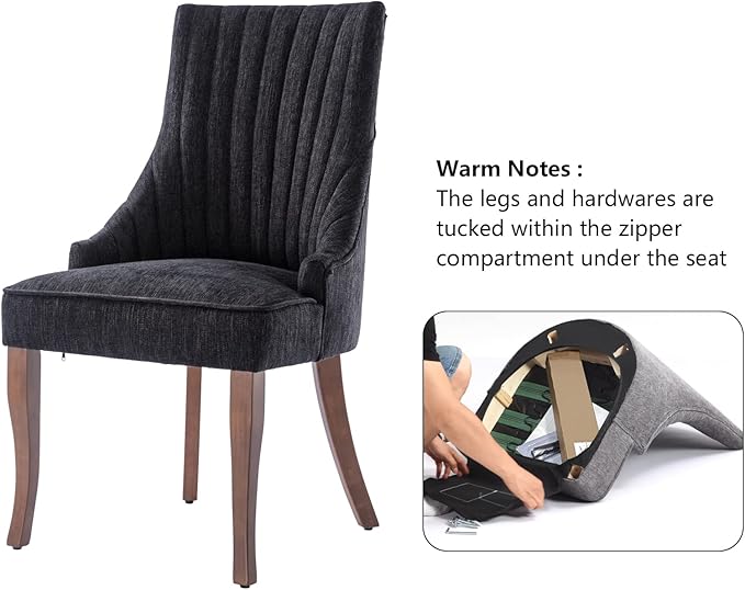 mikibama Linen Dining Chairs Set of 4 Channel Tufted Kitchen Dinner Chair Comfy Fabric Upholstered Accent Chair for Dining Room with Solid Wood Legs (Black 4pc)