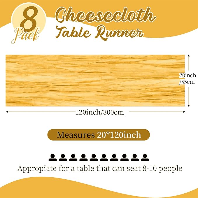 8 Pack Gold Cheesecloth Table Runners 20x120 Inch Gauze Table Runner 10FT - Image 2