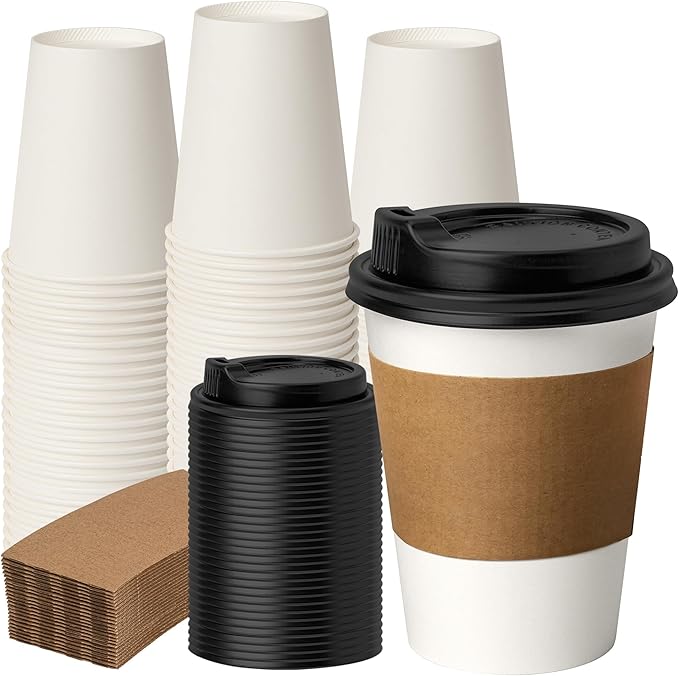 RACETOP 50 Pack 12 oz Disposable Paper Coffee Cups with Lids and Kraft Sleeves, Paper Coffee Cups with Lids and Kraft Sleeves 12 oz, Hot Cups for Home/Office