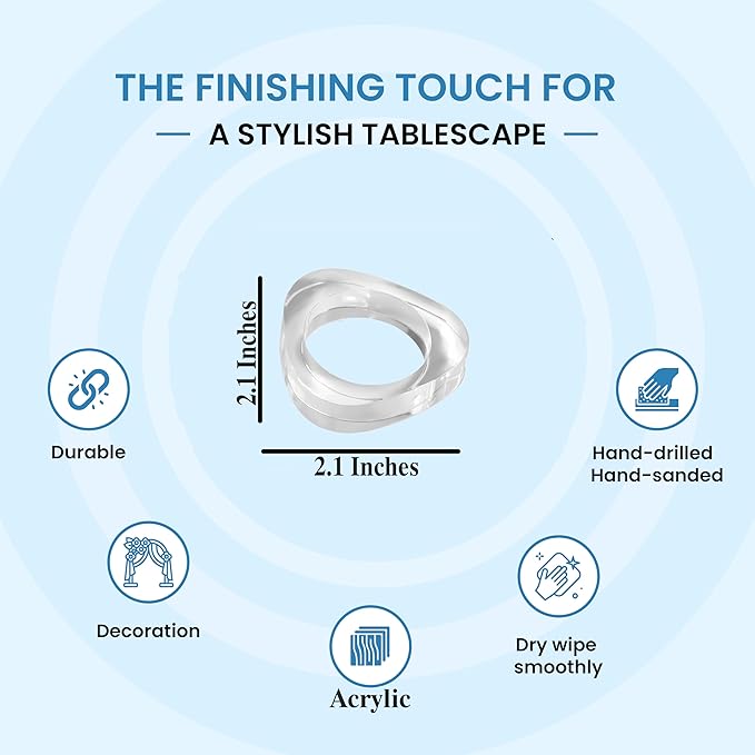 ALPHA Living HOME Clear Acrylic Napkin Rings - Set of 12 Modern Oval Beveled Holders for Cloth Napkins | Elegant Serviette Rings for Dining Table, Wedding, Party & Holiday Décor (Transparent)