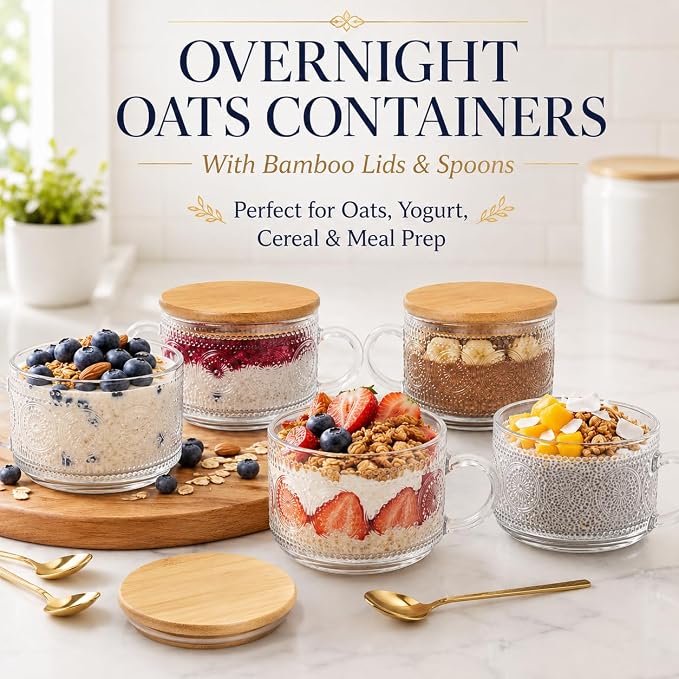 Semderm Vintage Glass Coffee Mugs Set of 4, Overnight Oats Containers - 14oz - Image 3