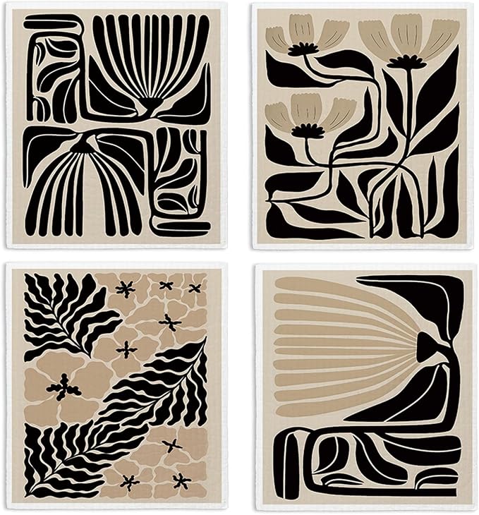 Swedish Dishcloths for Kitchen, Floral Boho Botanical Swedish DishCloths, Papaya Reusable Paper Towels Washable, 4 Pcs Dish Towels for Kitchen Party Home Housewarming Cleaning Cloths