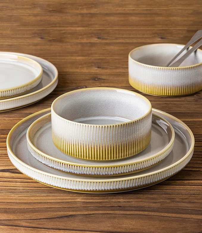 Ceramic Dinnerware Set for 4, 12-Piece Plates and Bowls Set | Lightweight - Image 4