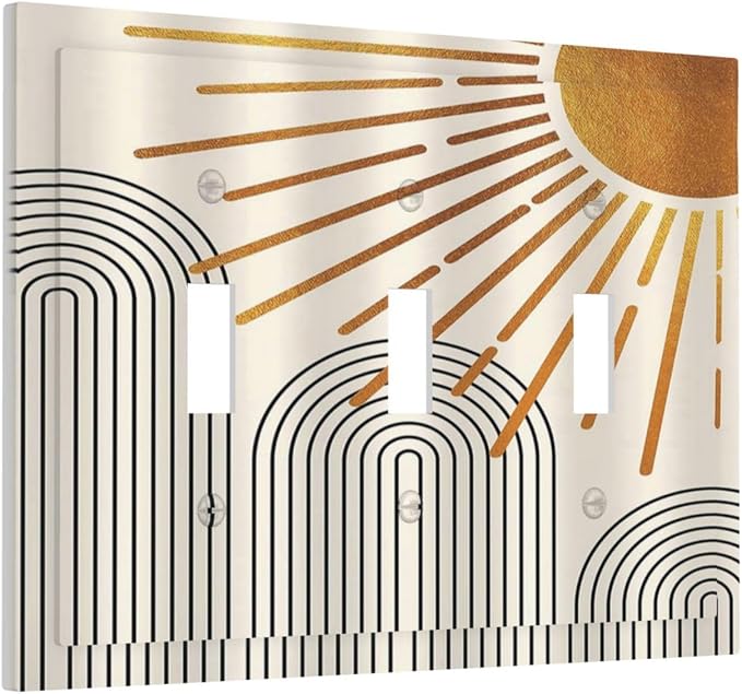 Light Switch Cover Mid Century Boho Sun Beige Minimalist Abstract 3 Gang Wall Plate Triple Light Switch Plate Toggle Decorative Outlet Covers Electrical Switchplate for Bathroom Bedroom Decor
