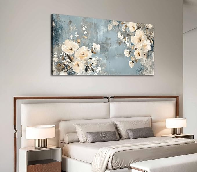 ADJUVANT Wall Art Vintage Floral 60" L x 30" W, Creamy Flowers On Distressed Blue Background Canvas Painting Blossoms Artwork Prints Floral Wall Decor for Living Room Bedroom Dining Room Home Office