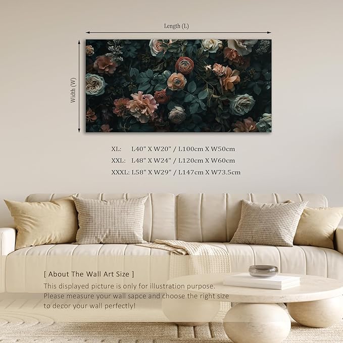 ADJUVANT Wall Art Floral 60"L x 30"W, Dark Hued Vintage Flowers With Lush Foliage Canvas Painting Elegant Blooms Artwork Retro Garden Prints Floral Wall Decor for Living Room Bedroom Study Home Office