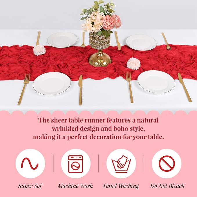 3 Pack Red Cheesecloth Table Runner, 17 x 108 Inch, Gauze Cheese Cloth Table - Image 5