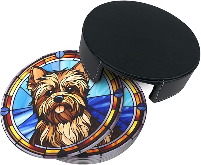 Drink Coaster Set of 6, Yorkshire Terrier Dog Mom Lover Gift,Leather Drink Coasters with Holder,6 Pack Cup/Bar/Drink Coasters for Table/Drinks/Coffee Protection Housewarming Gift
