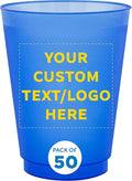 DISCOUNT PROMOS Custom Frosted Plastic Stadium Cups, 50 pack, Promotional Text, Logo, 16 oz. Shatterproof Flexible Reusable Party Cups, Blue