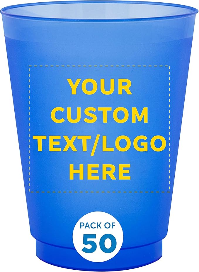 DISCOUNT PROMOS Custom Frosted Plastic Stadium Cups, 50 pack, Promotional Text, Logo, 16 oz. Shatterproof Flexible Reusable Party Cups, Blue