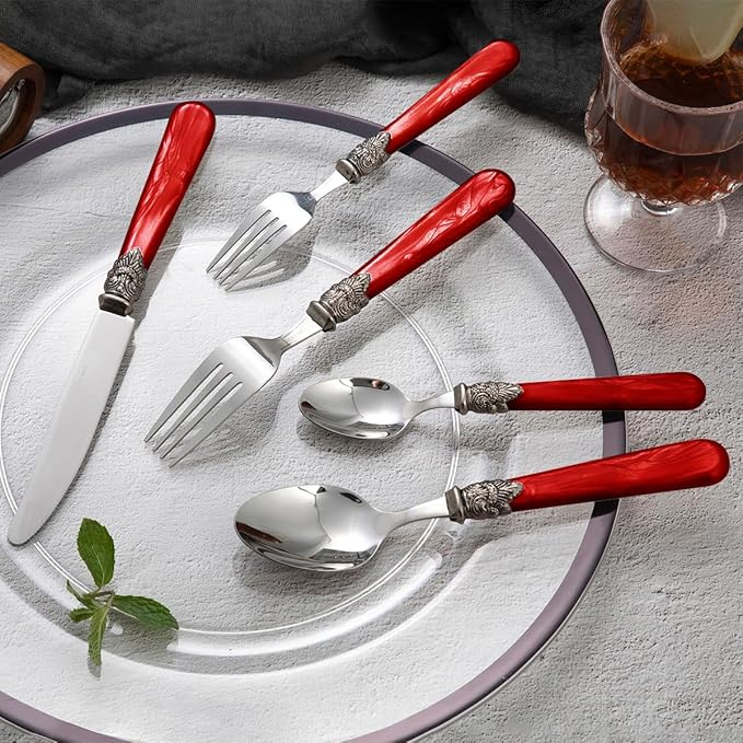 20 pieces 18/10 Stainless Steel Silverware Sets With Red Handle,Vintage Cutlery Sets,Sliverware set Service for 4,Dishware Safe (20, Red)