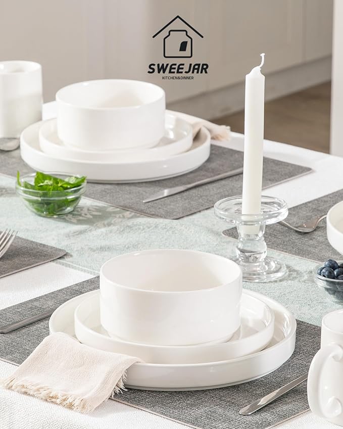 Sweejar Porcelain Dinnerware Sets for 4, 16 Pieces Ceramic Plates and Bowls Set, Classic Modern Simple Kitchen Dinner Dining Ware Set, Dishwasher and Microwave Safe Dishes Sets with Cups(Pure White)