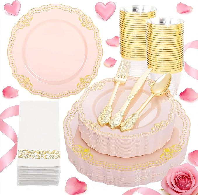 Ciaell 175 PCS Pink and Gold Plastic Plates - Fancy Gold Disposable Dinnerware Set with of 50 Plates, 25 Knives, 25 Forks, 25 Spoons, 25 Cups, 25 Napkins for Party & Weddings & Valentine's Day