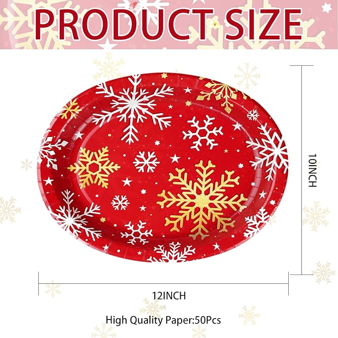 50Pcs Christmas Snowflake Oval Paper Plates 10" x 12" Large Red Gold and White Snowflake Plates Disposable Heavy Duty Christmas Party Decorations for Xmas Winter Holiday New Year Dinner Party Supplies