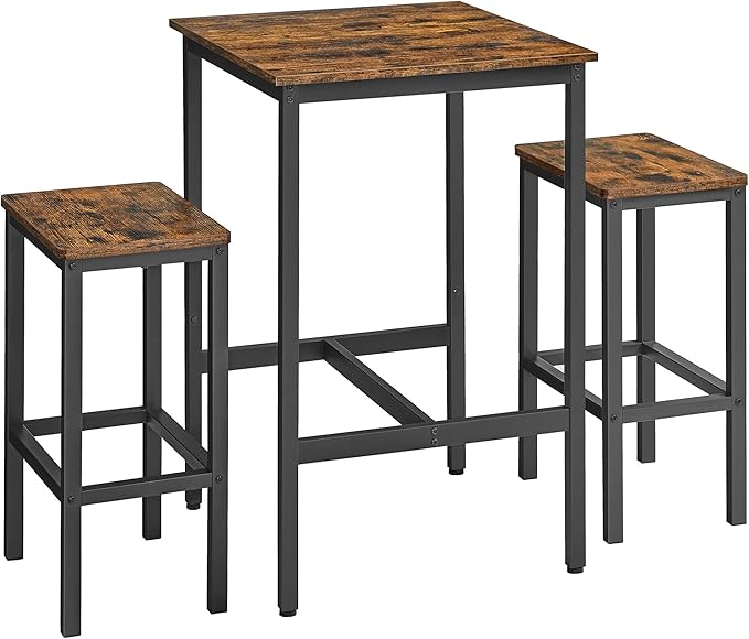 VASAGLE Bar Table and Chairs Set, Square Table with 2 Stools, Dining Pub Set for 2, Space Saving for Kitchen Breakfast, Living Room, Rustic Brown and Ink Black