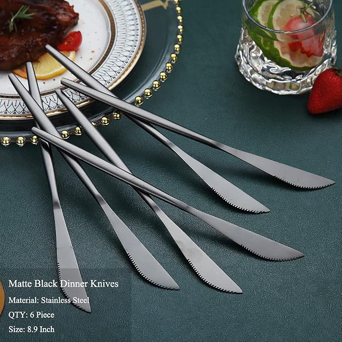 HOMQUEN Dinner Knives 6 Piece, Stainless Steel Matt Black Dinner Knife - Image 2
