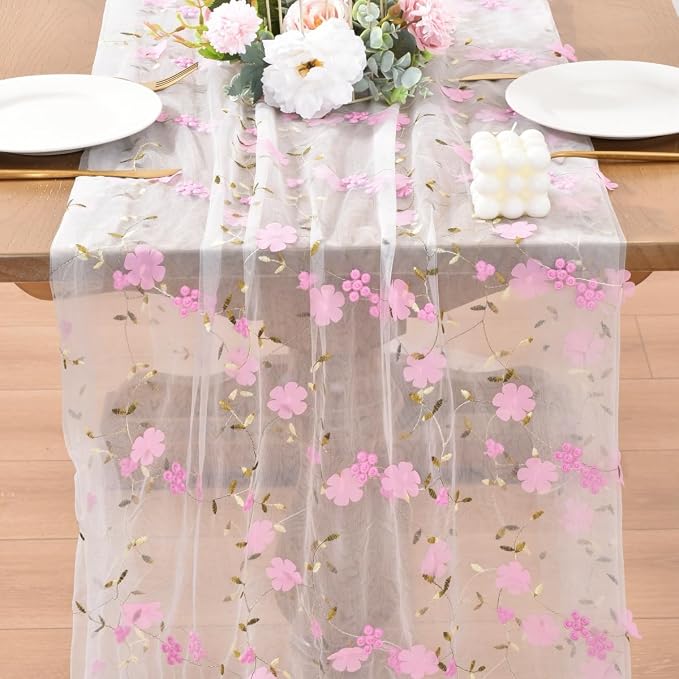Wildflower Floral Sheer Tulle Gauze Table Runner Wedding Baby Shower Decor | - Image 2