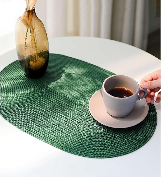FunWheat Oval Braided Placemats Set of 6 Table Mats for Dining Tables Washable Heat Resistant Place Mats for Indoor Outdoor Use 12 x18 Inch (Oval Black Green, 6pcs)
