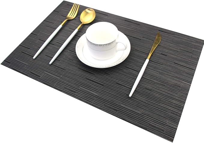 Placemats for Dining Table Washable Woven Vinyl Placemats Heat-resistand Table Dinner Placemats Set of 6 (Black)