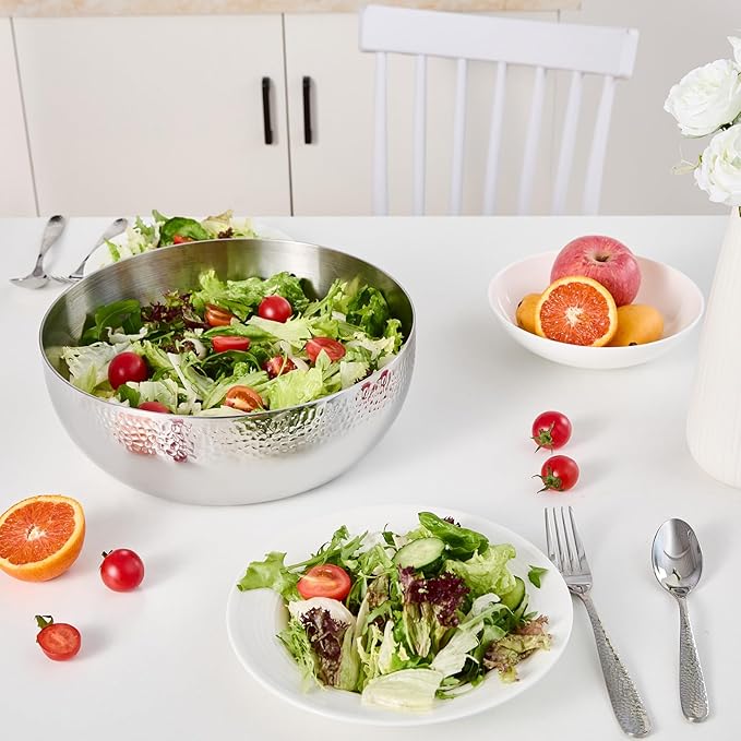 100oz Stainless Steel Hammered Salad Bowl, Large Fruit Popcorn Serving Bowl