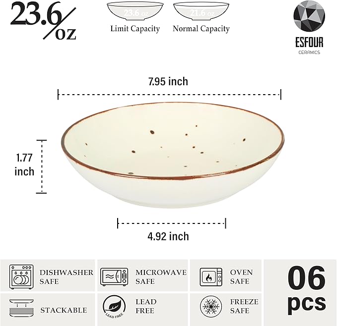 Esfour 8 Inch Porcelain Pasta Bowl, 23.6 Ounces Salad Bowls, Microwave & Dishwasher Safe, Sturdy & Stackable, Set of 6 Ceramic bowls Plates Set, Wide Shallow salad Bowls Set, Classic Assorted Colors