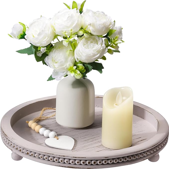 Handmade Wooden Decorative Tray, Small Beaded Coffee Table Tray Decor, Grey Round Decorative Tray for Coffee Table, Dining Room Table Entryway and Living Room Table