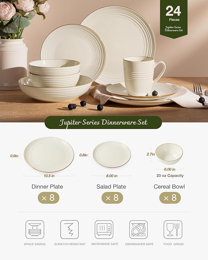 Famiware Jupiter Dinnerware Set, Plates and Bowls Dish Sets for 8 (24 Pieces), Microwave and Dishwasher Safe Stoneware Speckled Tableware, Chip and Scratch Resistant, Vanilla White