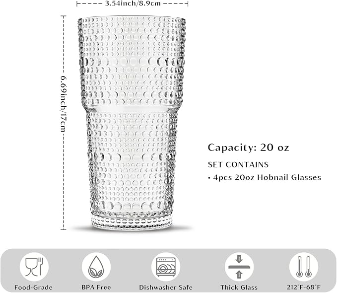 INSETLAN 20oz Hobnail Glass Cups Set of 4, Vintage Drinking Glasses, Iced - Image 3