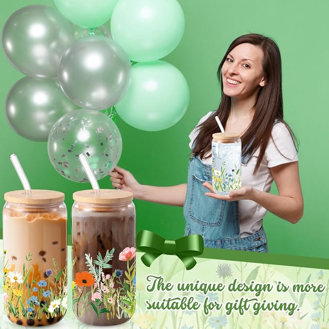 Sliner 2 Pcs Wildflower Glass Cups Floral Drinking Glasses Flower Iced Coffee - Image 5