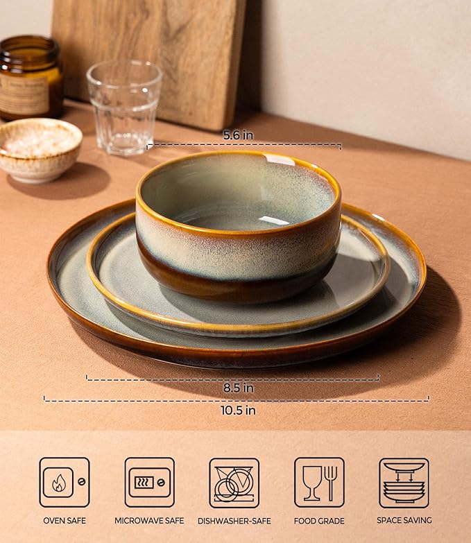 TheTerra Ceramic Dinnerware Sets for 6, 18 Pieces Handmade Reactive Glaze Plates and Bowls Set, Scratch Resistant Dish Set, Oven & Microwave & Dishwasher Safe, Dusk Blue