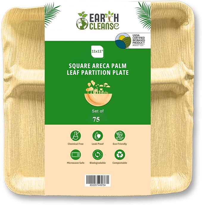 Areca Palm Leaf 11-Inch Square Plates (75 Count) – 100% Compostable, Biodegradable Like Bamboo Plates | Eco-Friendly Disposable Dinnerware | Microwave & Oven Safe