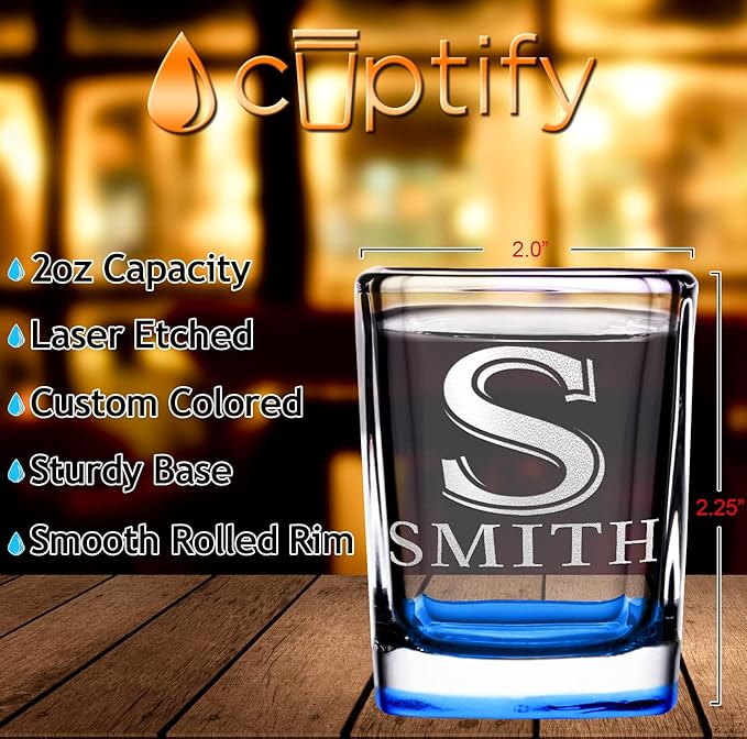 Personalized Square Shot Glasses Set of 50 Blue Bottom 2oz Engraved Initial and Name Custom Gifts, Weddings, Birthdays, Party, Event, Decorations