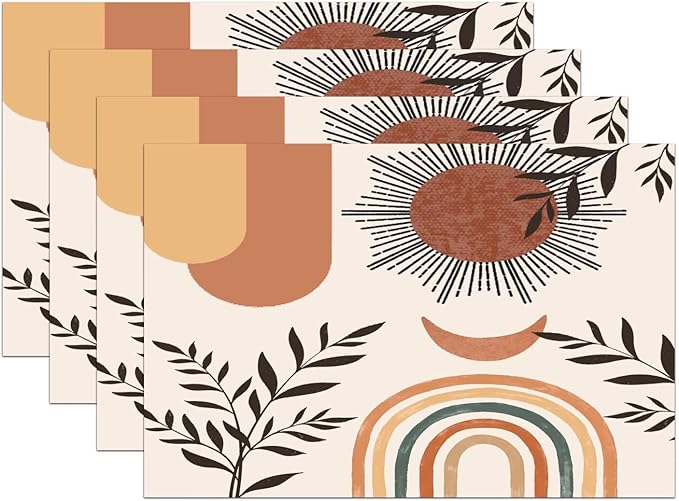 Mid Century Abstract Boho Placemats Orange Vintage Aesthetic Nature Leaf Sun Modern Washable Place Mats 12x18Inch for Dining Kitchen Farmhouse Decor 4 PCS