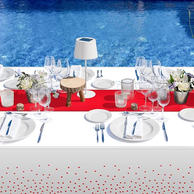 8Pack Disposable Plastic Tablecloths and Satin Table Runner Set White and Red - Image 6