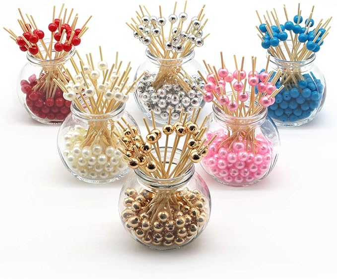 Minisland Red Pearl Cocktail Picks, 4.7 Inch Long Bamboo Fancy Toothpicks for Appetizers, Decorative Valentines Christmas Holiday Party Food Drink Garnish Fruit Kabob Skewer Sticks 100 Counts -MSL155