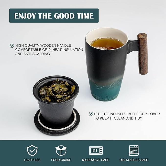 suyika Ceramic Tea Cup with Infuser and Lid Tea Mugs Wooden Handle 400ml/13.5oz - Image 3