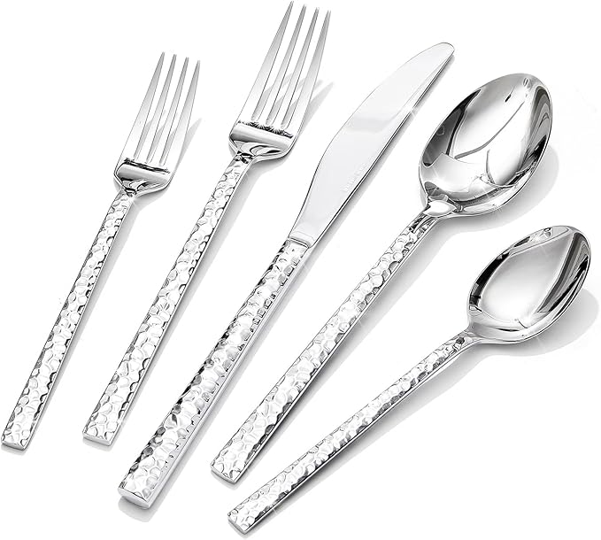 20 Piece Hammered Silverware Set, 18/10 Stainless Steel Flatware Set by KINGSTONE