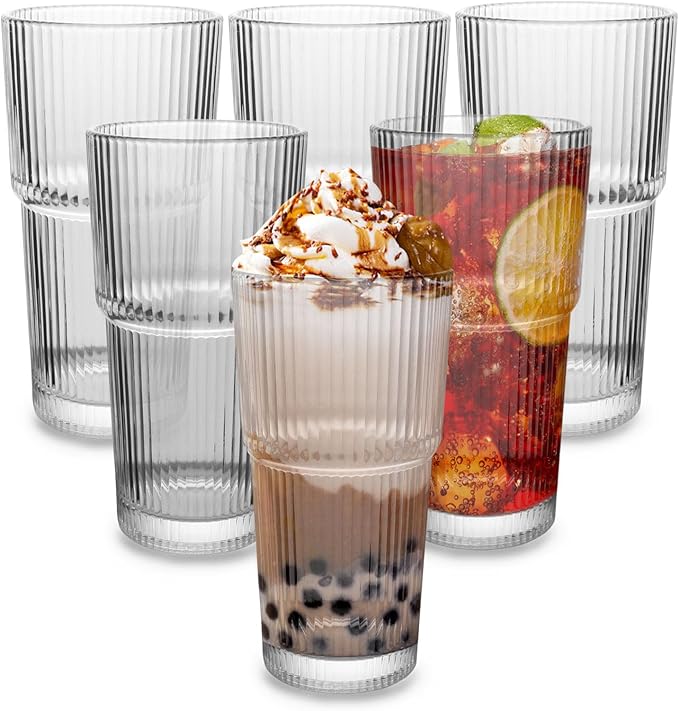 Drinking Glasses，19oz Ribbed Glassware,6 Pack Old Fashioned Glasses,Thickened glass for iced coffees, smoothies, cocktails and juices, perfect for families and parties (6)