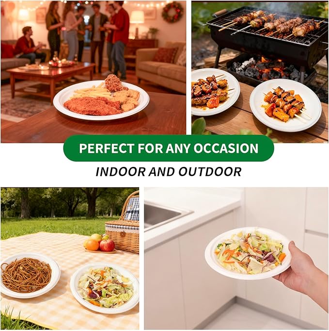 Aricsen 100 Pack 10 Inch Compostable Disposable Round Paper Plates, Natural White Biodegradable Sugarcane Bagasse PFAS-Free Eco-Friendly Dinner Plates for Party Wedding Picnic BBQ (100, 10 INCH)