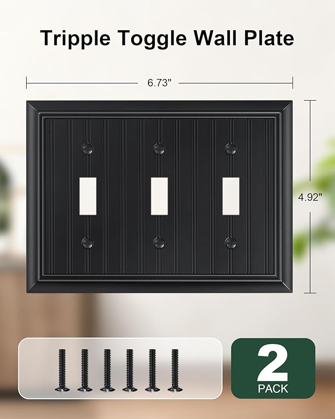 2-Pack Classic Beadboard Triple Toggle Light Switch Cover Plate, Durable Natural Bamboo Fiber Decorative Switch Plate Covers, Matte Black 3 Gang Wall Plate