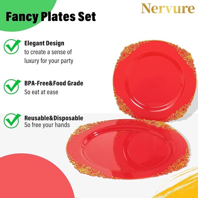 Nervure 350Pcs Red Plastic Plates, Disposable Dinnerware Set - Image 5