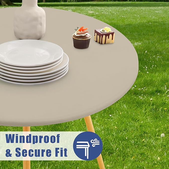 Round Spandex Tablecloth, Elastic Fitted Waterproof Tablecloths for 42"-50" Tables, Stretch Washable Picnic Table Cover for Camping, Dining, Indoor and Outdoor, Taupe