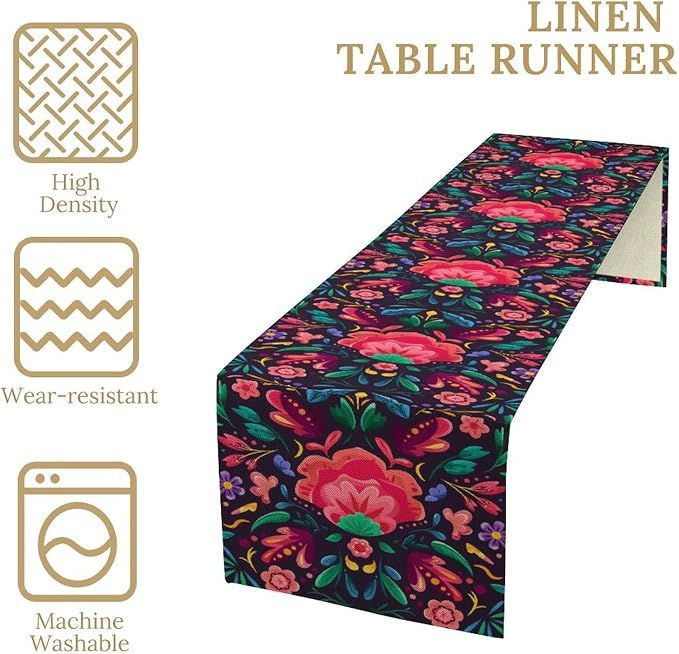 YCness Mexican Fiesta Table Runner Colorful Floral Plants Traditional Pattern - Image 6