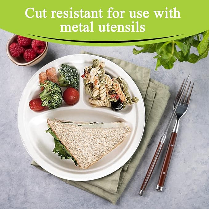 three leaf 9" 3 COMPARTMENT BAGASSE ROUND PLATE, 500 Ct. Heavy-Duty- Super Strong- Natural- Eco-Friendly Disposable Bagasse Plates, 100% Biodegradable 9 inch 3 compartment plates