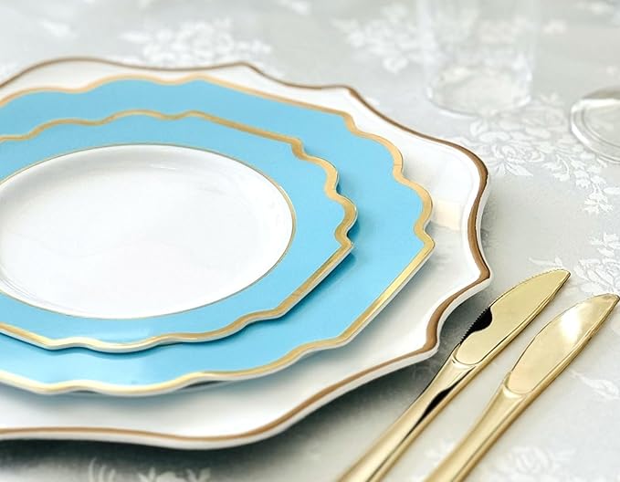 " OCCASIONS " 50 Plates Pack (25 Guests)-Heavyweight Wedding Party Disposable Plastic Plate Set -(25x10.5'' Dinner + 25x8'' Salad/dessert (Imperial Aqua/Gold)