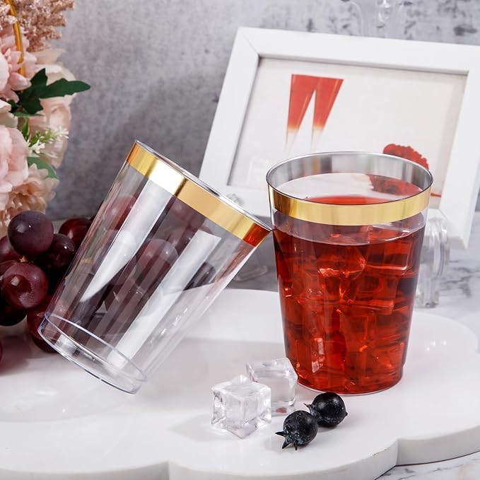 DaYammi 200 Pack Gold Plastic Cups 10 Oz Clear Cup Gold Rimmed Disposable Wine Glasses Fancy Disposable Party Cups Tumblers Drinking Cup Plastic Cocktail Glasses gold disposable cups for Party Wedding