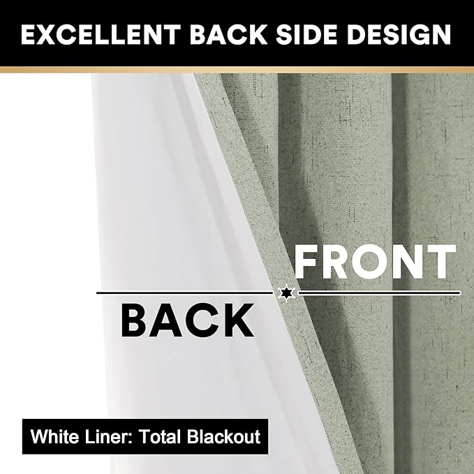 PrinceDeco 100% Blackout Curtains 84 inches Long for Bedroom Linen Texture Blackout Curtains for Living Room Solid Window Treatment Drapes with White Liner Grommet Room Darkening Curtains,Sage,2 Pack