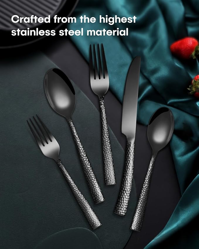 EUIRIO 40-Piece Black Hammered Silverware Set, Stainless Steel Black Flatware - Image 6